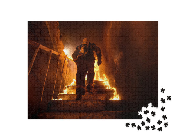 Puzzle 1000 Teile „Feuerwehrmann auf brennender Treppe“