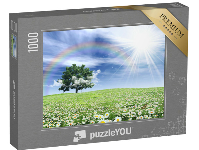 Puzzle 1000 Teile „Regenbogen über einer mit Blumen bewachsenen Frühlingswiese“