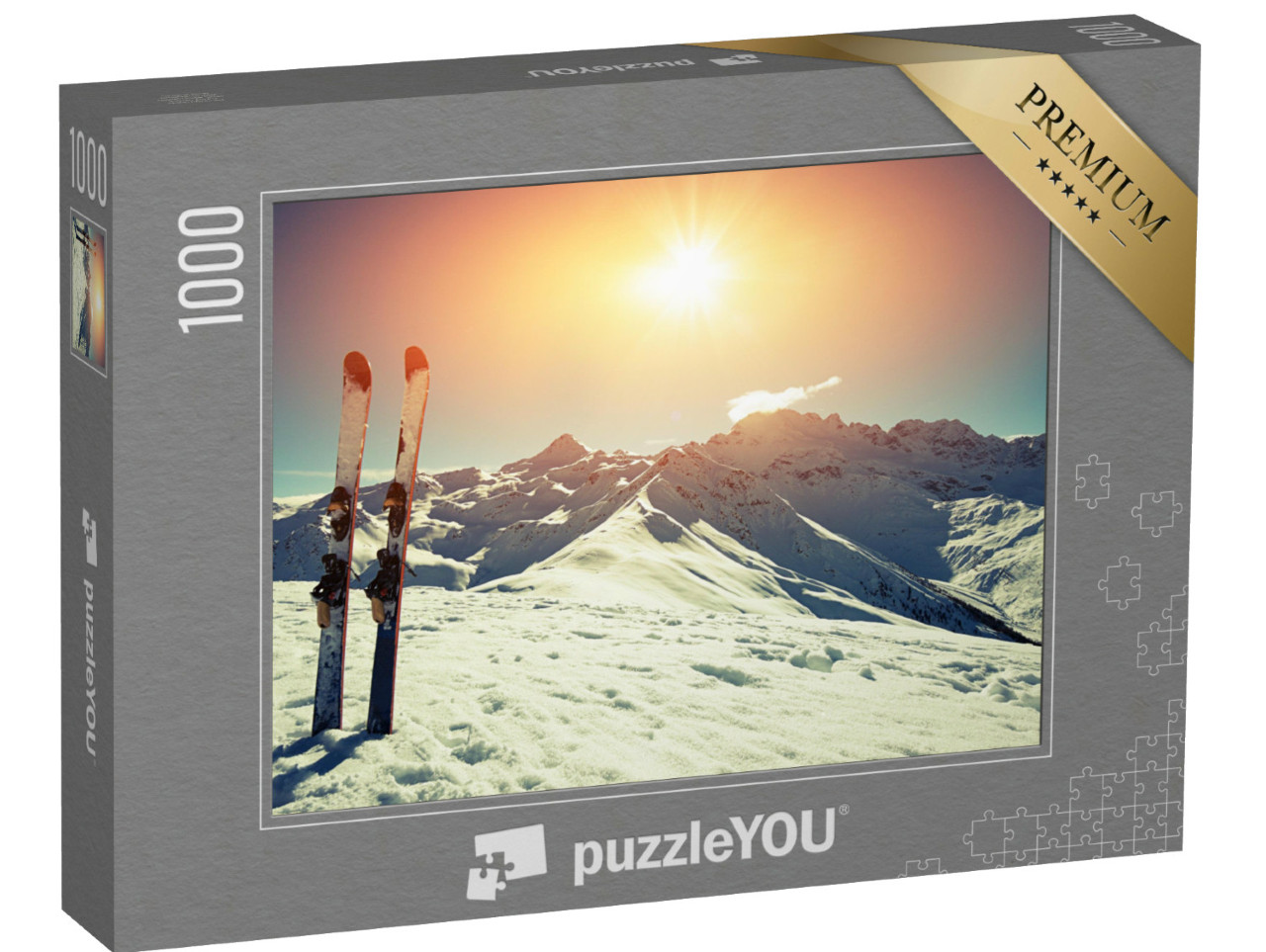 Puzzle 1000 Teile „Skier im Schnee in den Bergen“