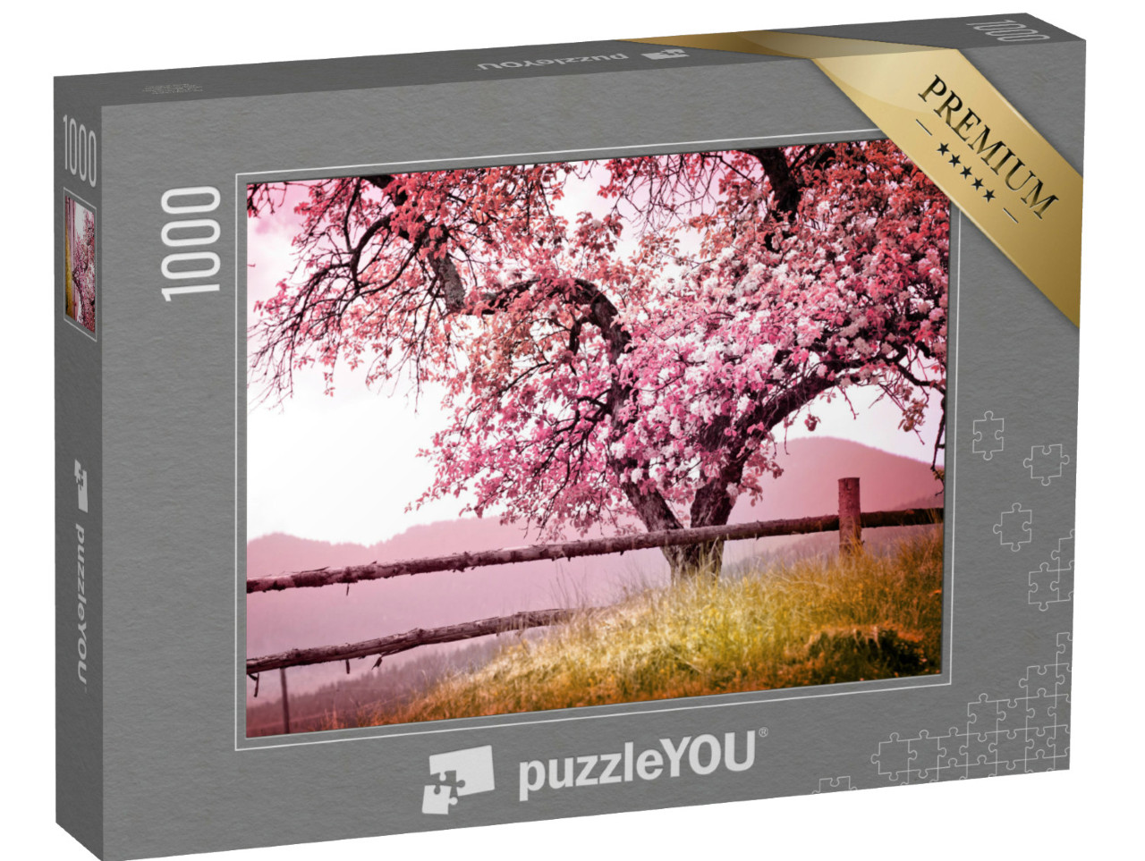 Puzzle 1000 Teile „Wunderschön blühender, uralter Baum in den Bergen“