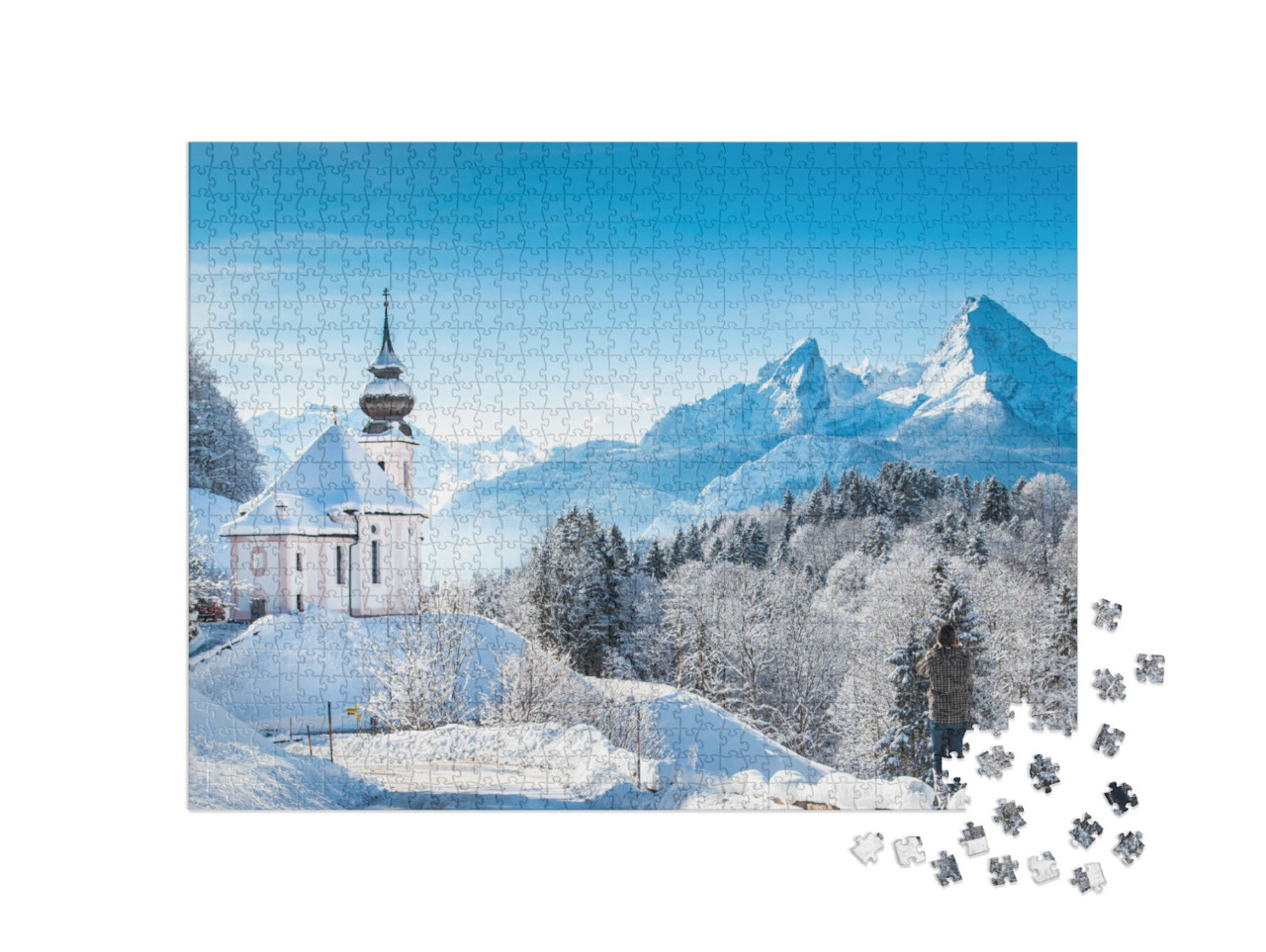 Puzzle 1000 Teile „Winterliche Wallfahrtskirche Maria Gern vor dem Watzmann, Deutschland“