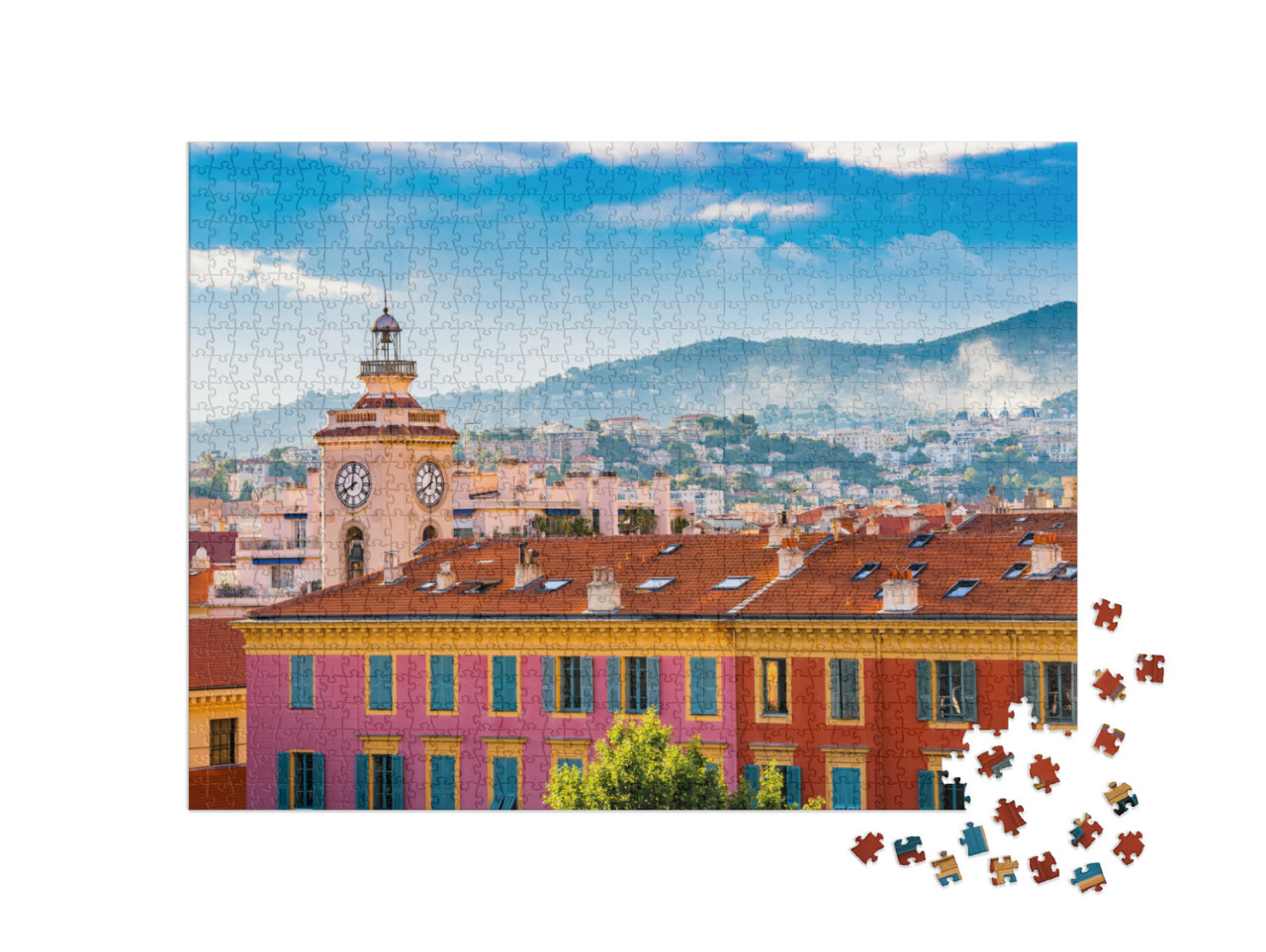 Puzzle 1000 Teile „Uhrenturm in Port Lympia, Altstadt von Nizza, Frankreich“