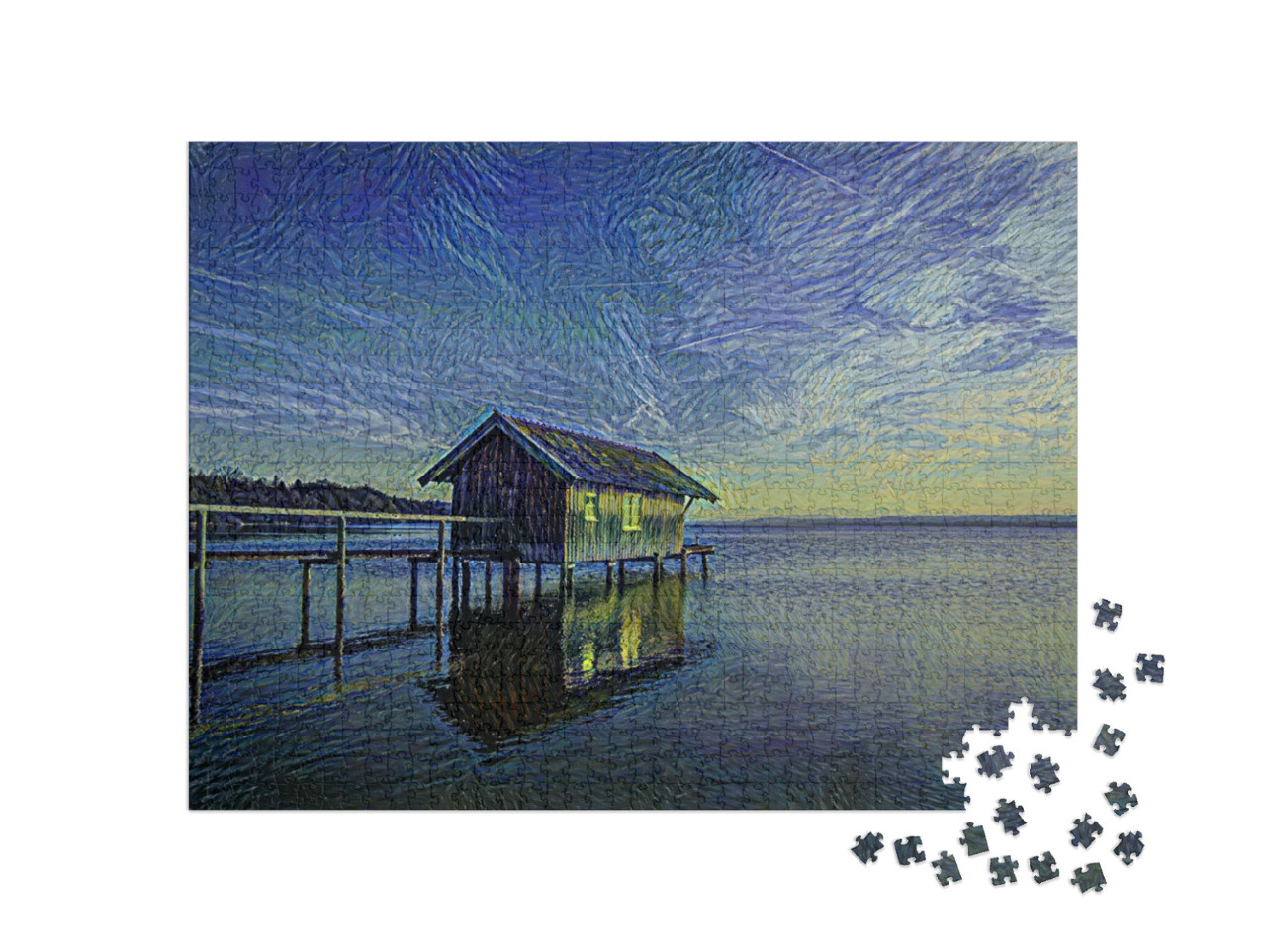 Puzzle 1000 Teile „im Kunst-Stil von van Gogh, Sternennacht - Seehaus in Stegen am Ammersee in Bayern“