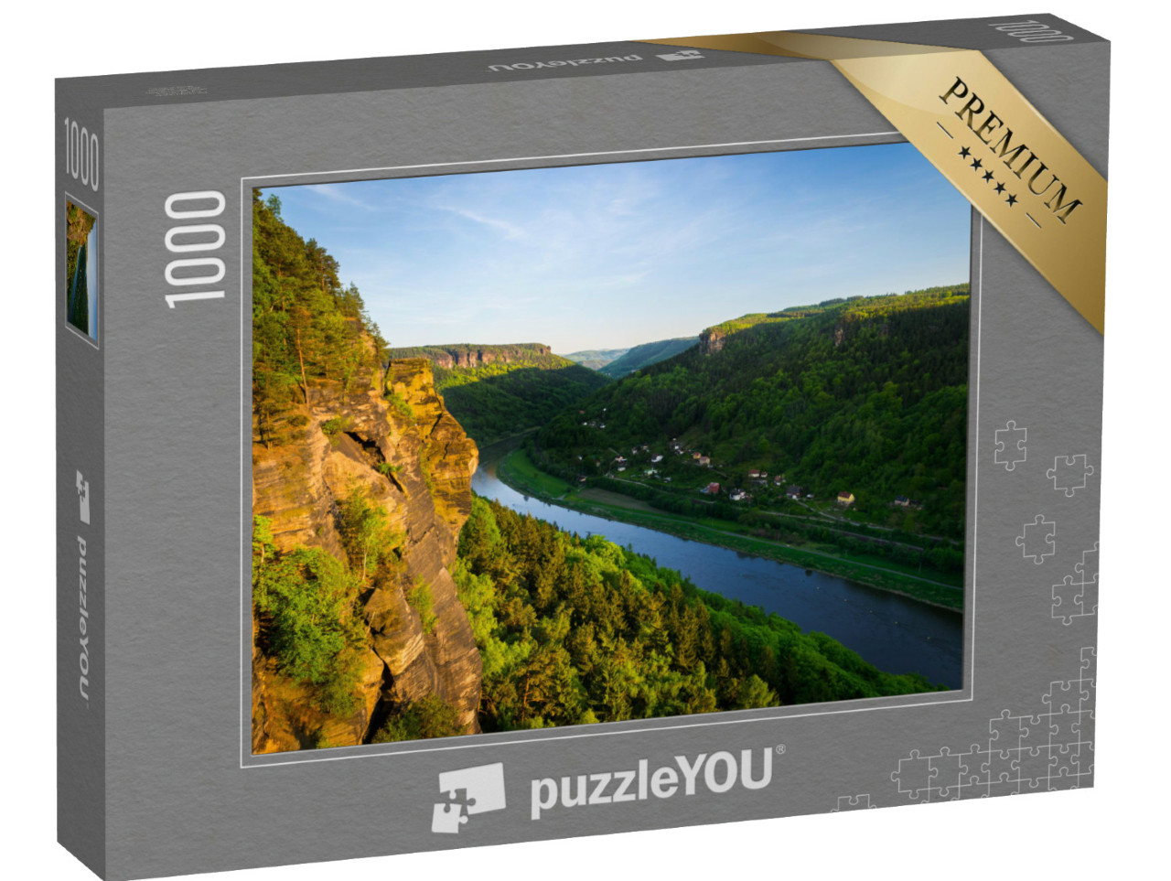Puzzle 1000 Teile „Sandsteinfelsen und Wälder in der Abendsonn, Elbe“