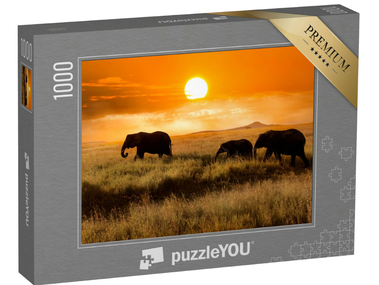 Puzzle 1000 Teile „Elefantenfamilie bei Sonnenuntergang im Nationalpark von Afrika“