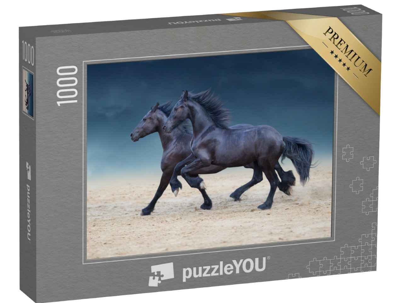 Puzzle 1000 Teile „Friesische Pferde im Galopp durch den Wüstenstaub“