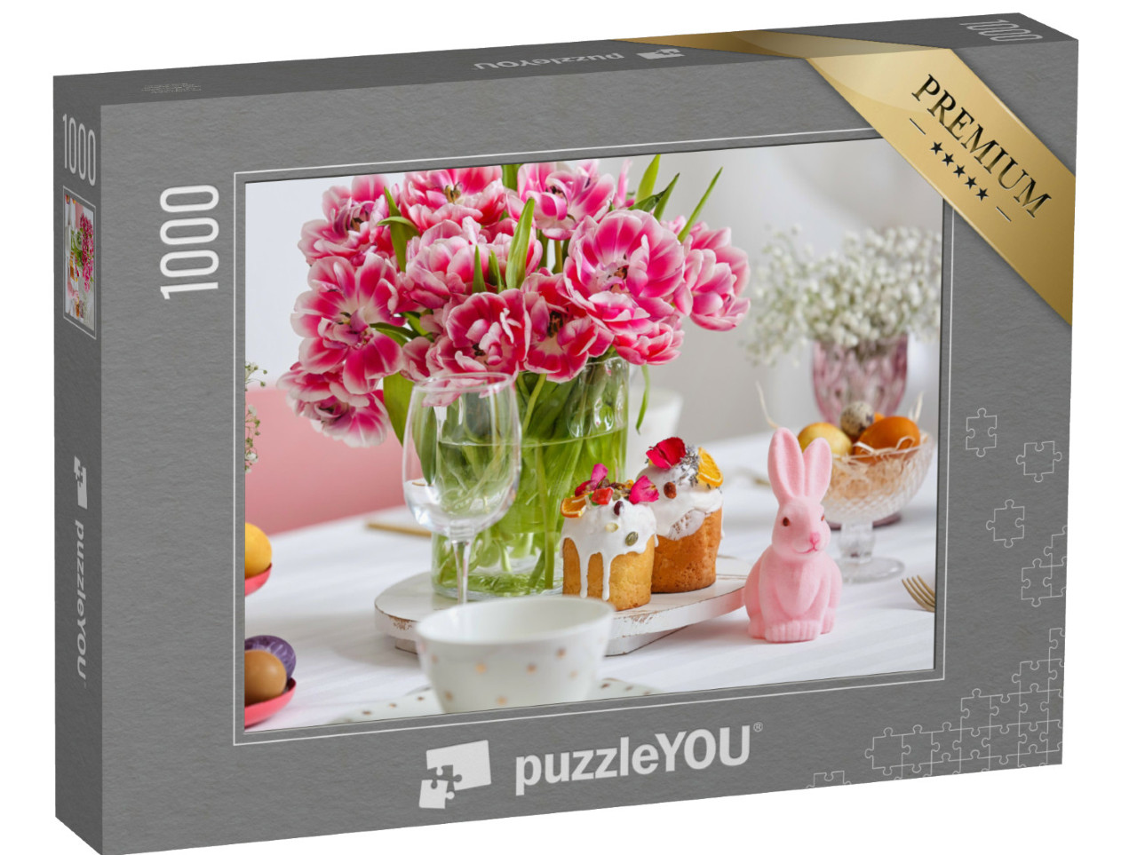 Puzzle 1000 Teile „Rosa Osterhase auf gedecktem Ostertisch mit rosa Blumen“