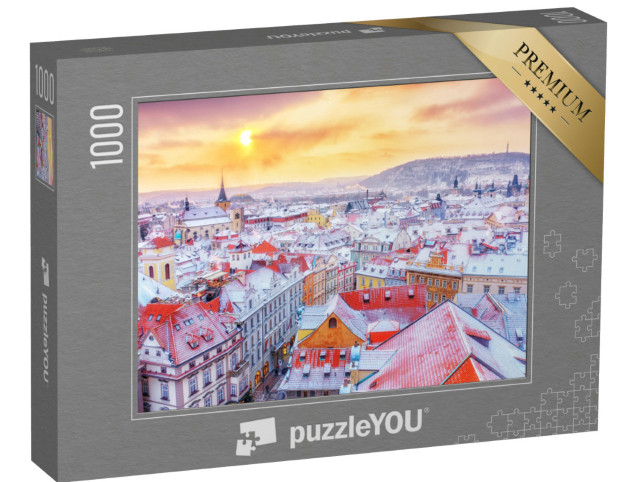Puzzle 1000 Teile „Prag zur Weihnachtszeit: Blick auf verschneite Dächer“