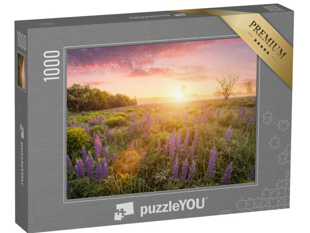 Puzzle 1000 Teile „Sonnenstrahlen über einer Wiese mit blühenden Lupinen“