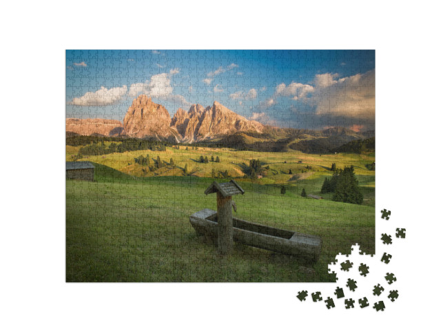 Puzzle 1000 Teile „Seiser Alm mit Langkofelgruppe im Sonnenuntergang, Südtirol, Italien“