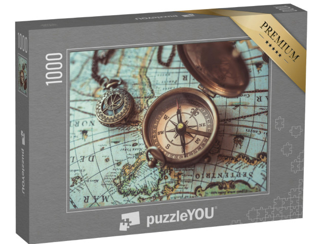 Puzzle 1000 Teile „Antiker Kompass aus Bronze und binokulare Teleskope auf einer alten Weltkarte“