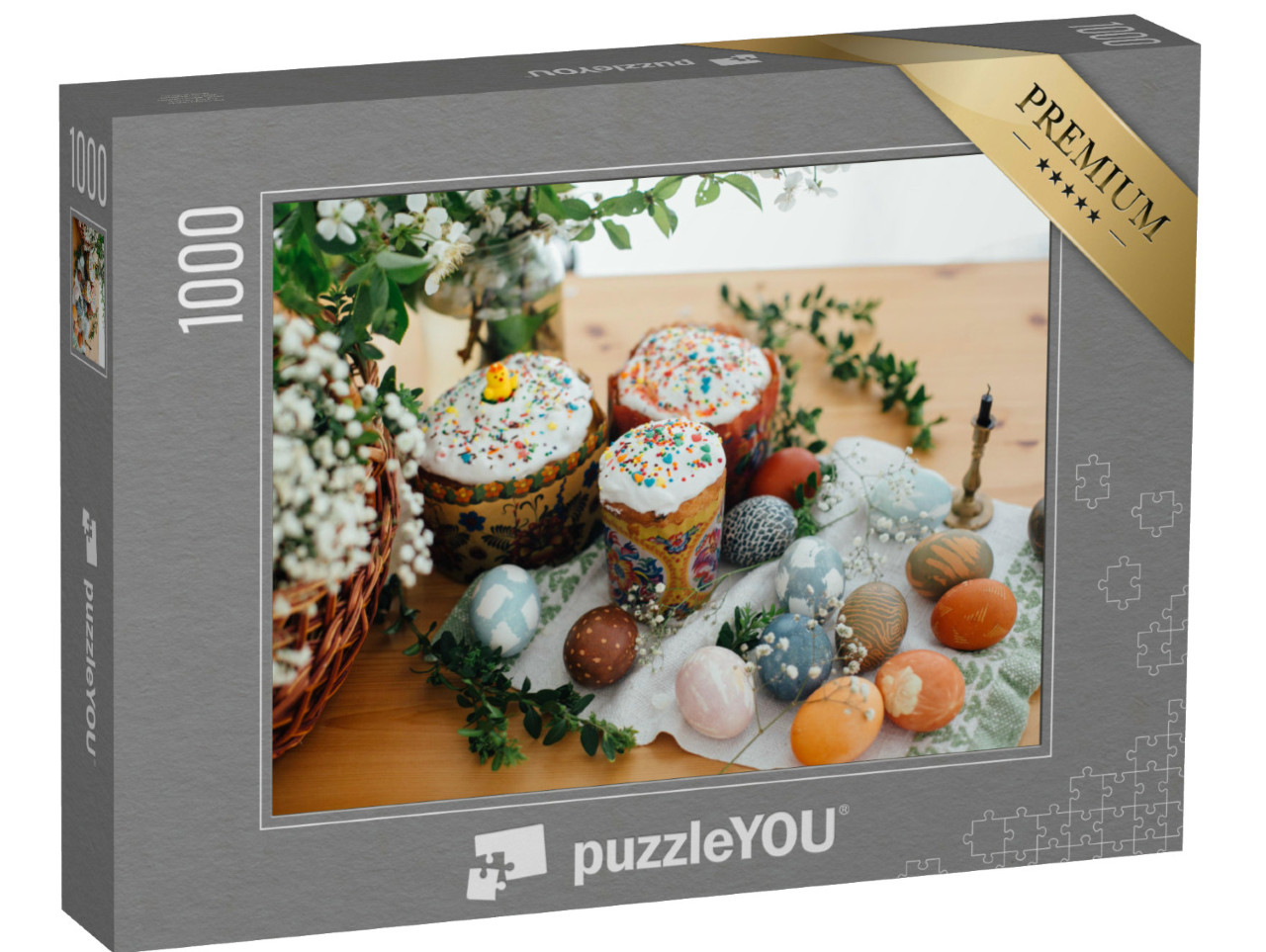 Puzzle 1000 Teile „Bunter Osterkuchen und selbstbemalte Ostereier“