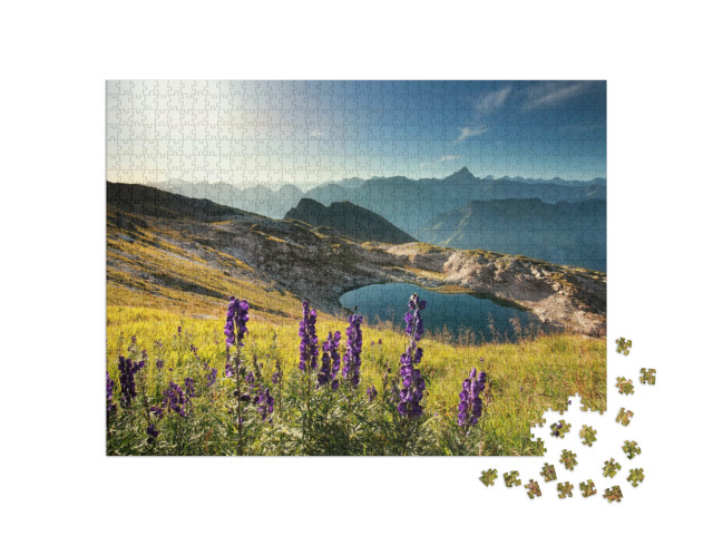 Puzzle 1000 Teile „Wildblumen auf einem Berg bei einem Alpensee im Allgäu“