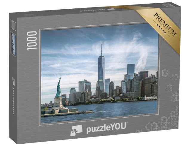 Puzzle 1000 Teile „Freiheitsstatue, Skyline von Manhatten, One World Trade Center, New York City“