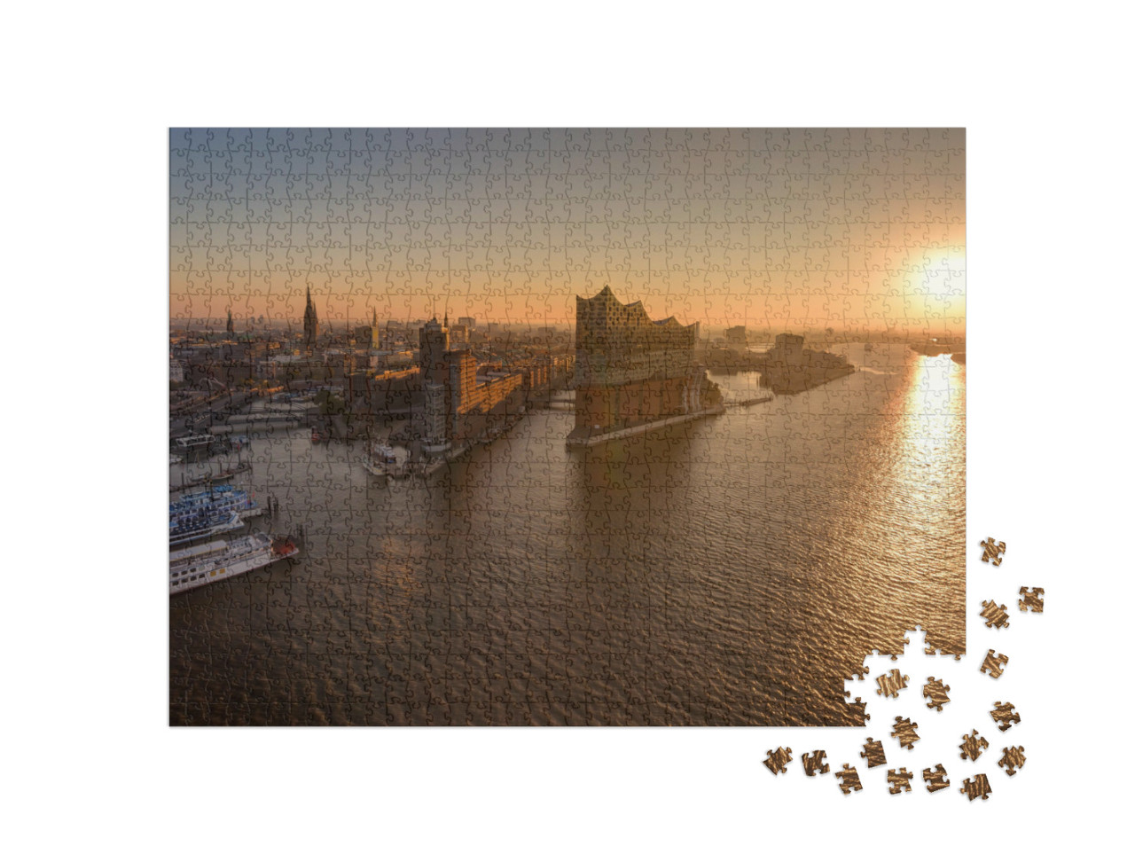 Puzzle 1000 Teile „Hamburger Hafenpanorama mit Stadtbild bei Sonnenuntergang“