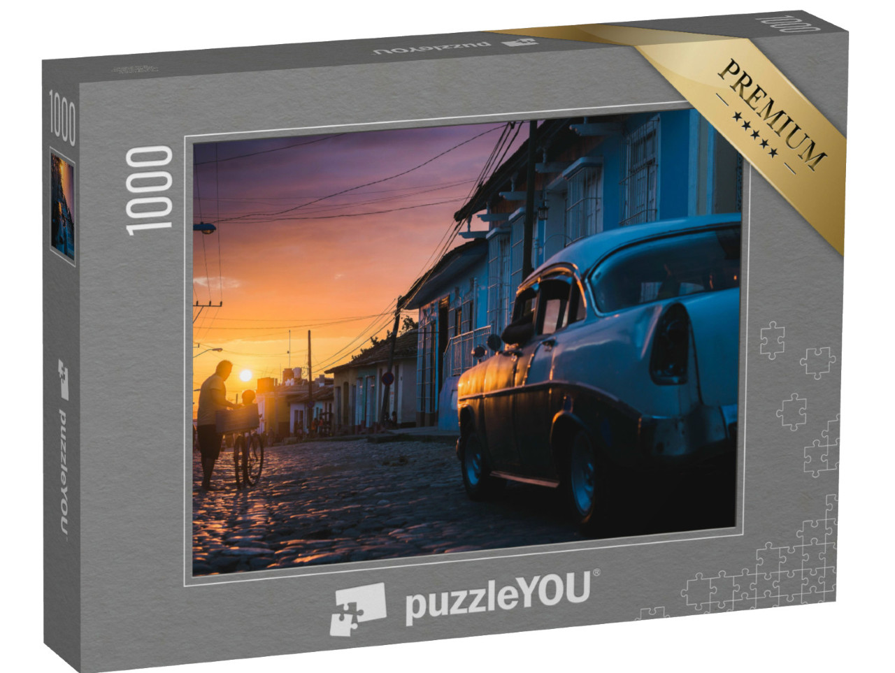 Puzzle 1000 Teile „Kubanischer Straßen-Sonnenuntergang mit Oldtimer in Trinidad, Kuba“