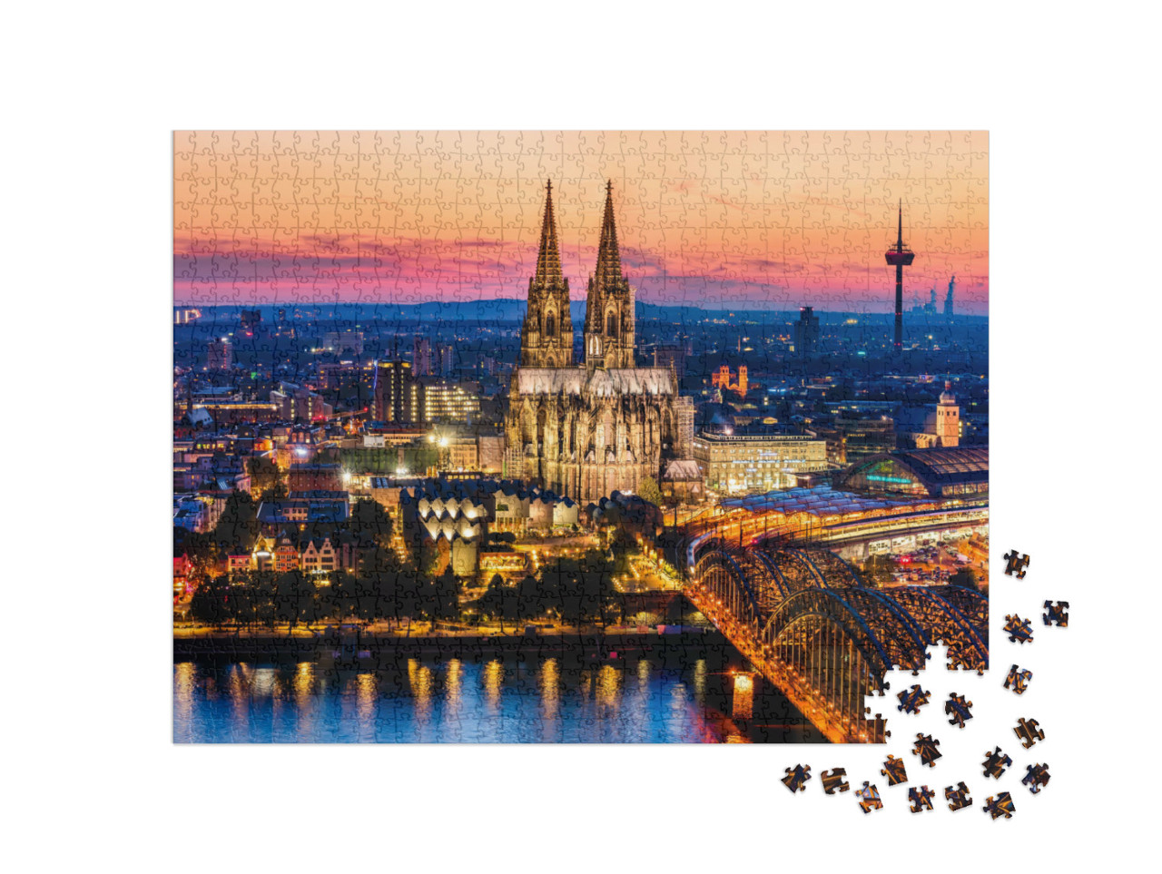 Puzzle 1000 Teile „Nachtpanorama des Kölner Doms, der Hohenzollernbrücke und des Rheins“