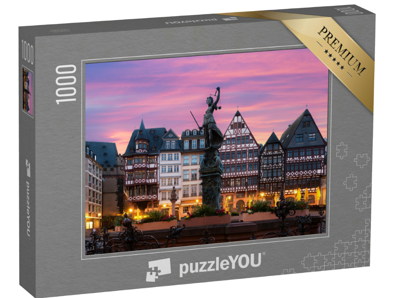 Puzzle 1000 Teile „Altstadtplatz Römerberg mit Justitia-Statue in Frankfurt, Deutschland“
