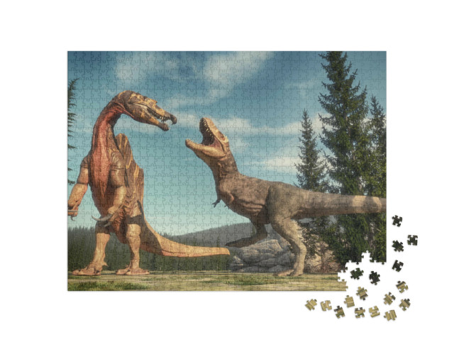 Puzzle 1000 Teile „Kampf zwischen Spinosaurus und T Rex auf dem Jurassic Valley“