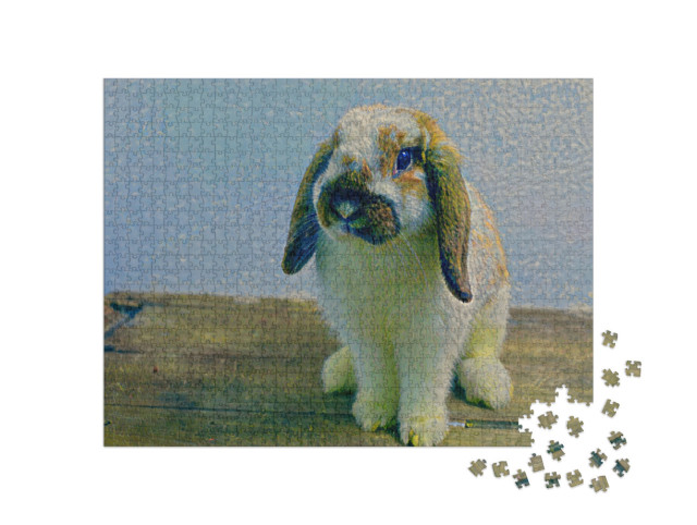Puzzle 1000 Teile „im Kunst-Stil von Claude Monet - Hase auf Holztisch - Puzzle-Kollektion Künstler & Gemälde“