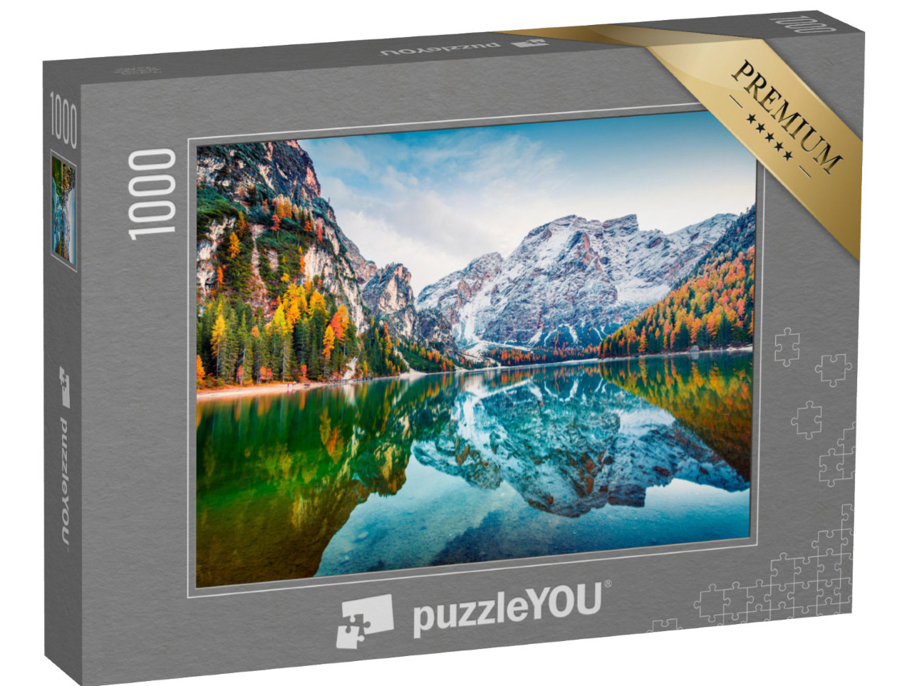 Puzzle 1000 Teile „Erster Schnee auf dem Pragser Wildsee, Alpen, Italien“