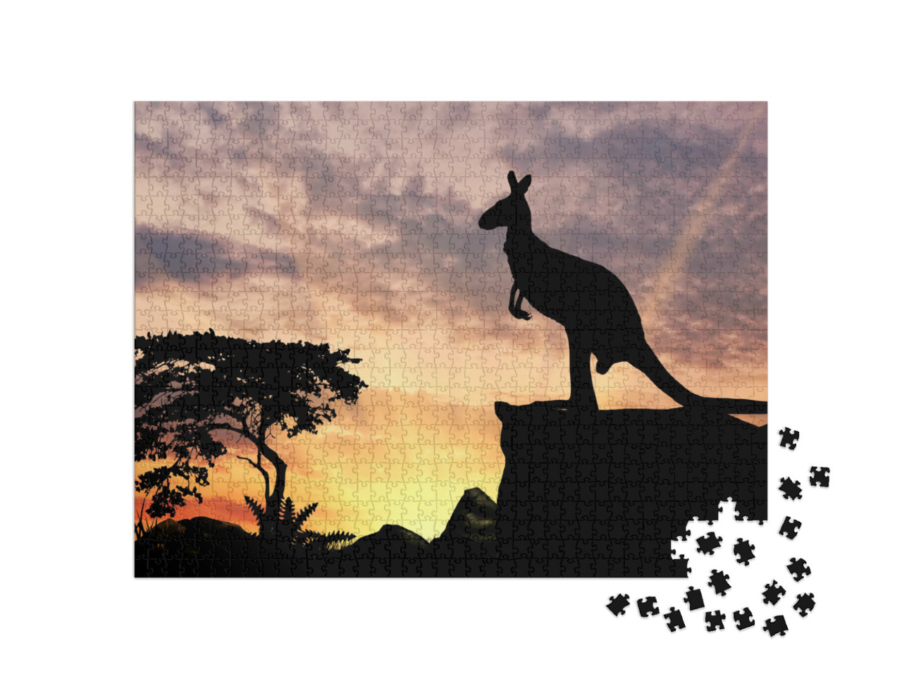 Puzzle 1000 Teile „Silhouette eines Kängurus auf einem Hügel bei Sonnenuntergang“