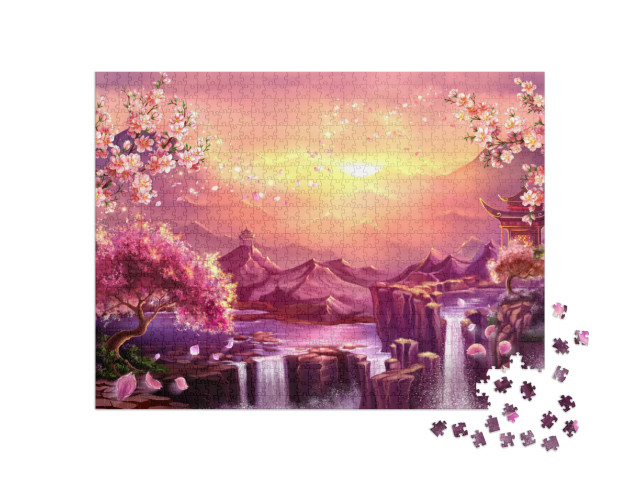 Puzzle 1000 Teile „Japanische Kirschblüte in der Dämmerung der Berge“