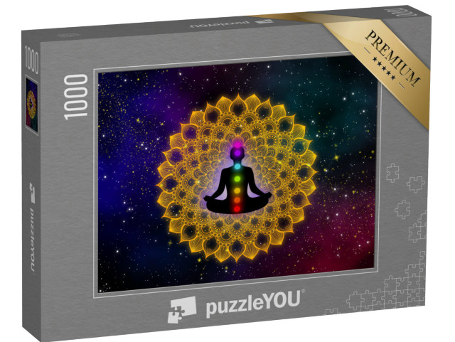 Puzzle 1000 Teile „Mann und seine sieben Chakra auf Luxus-Gold Mandala“