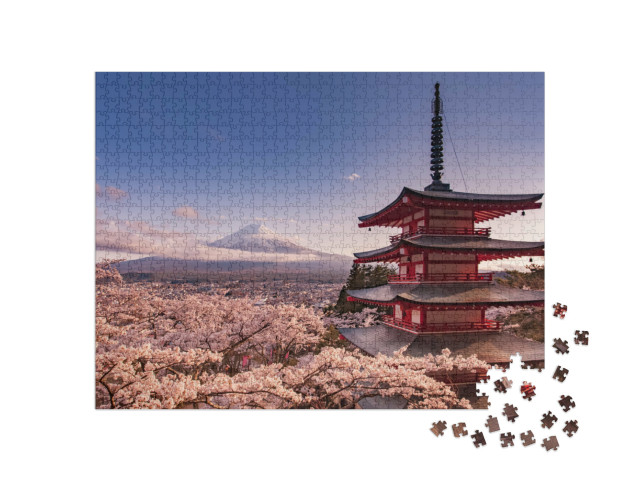 Puzzle 1000 Teile „Berg Fuji und Chureito Pagode mit Kirschblüte, Japan“