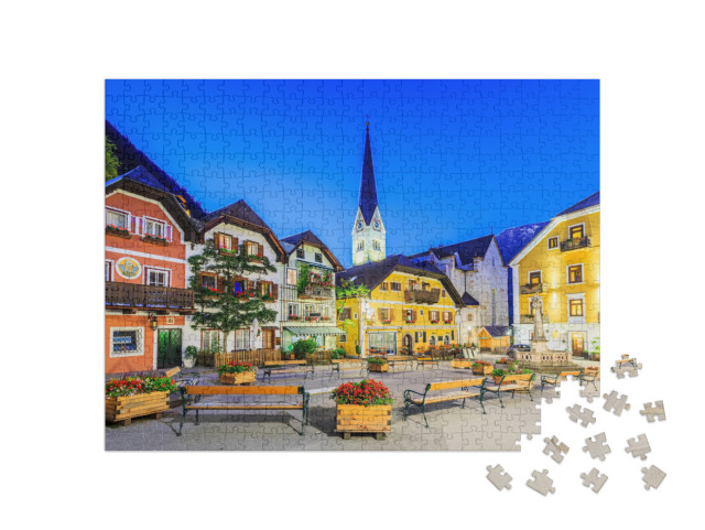 Puzzle 500 Teile „Hallstatt, Österreich, Bergdorf in den österreichischen Alpen bei Dämmerung“