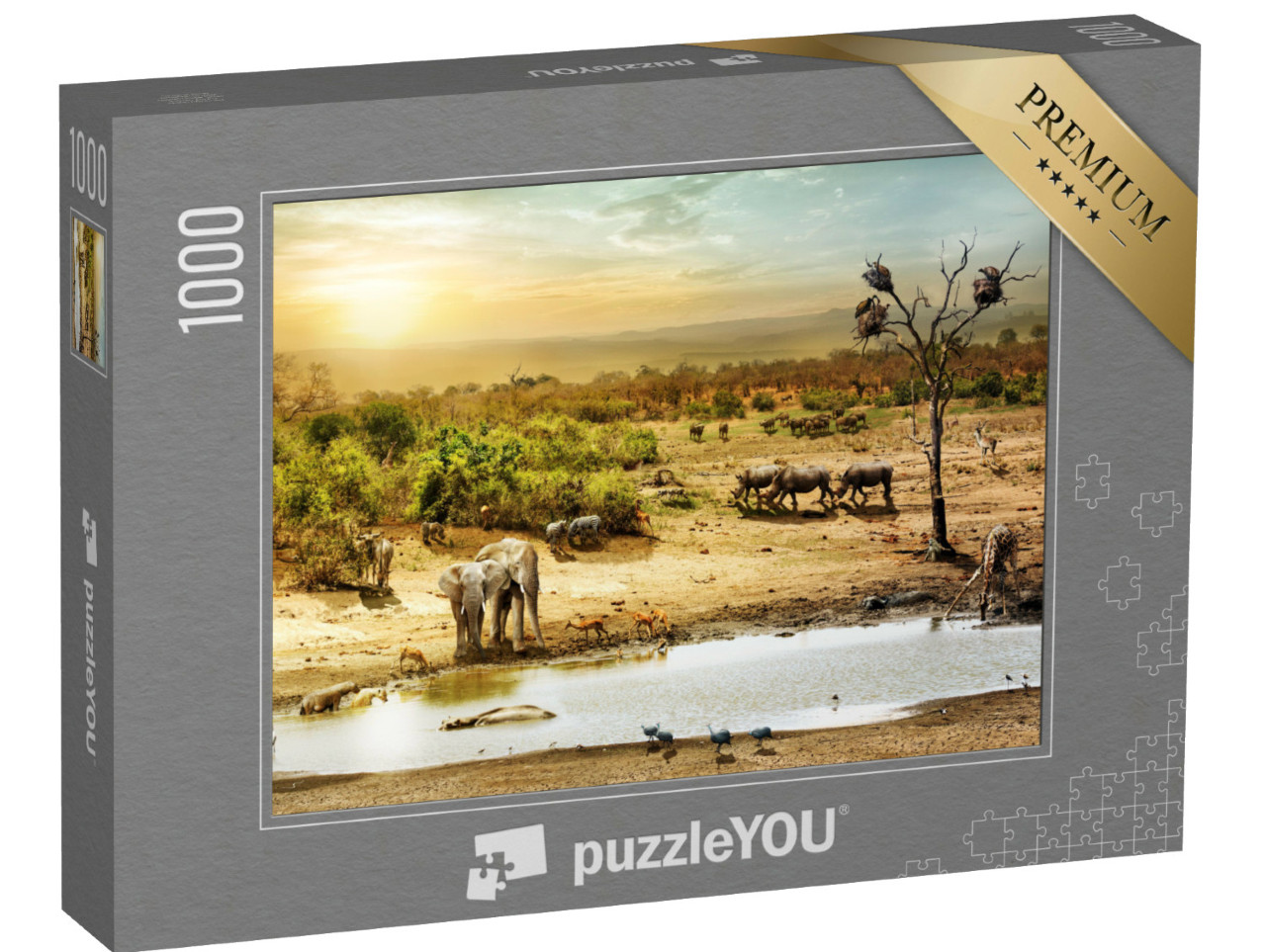 Puzzle 1000 Teile „Tiere am Wasserloch im Sonnenuntergang südafrikanische Wüste“