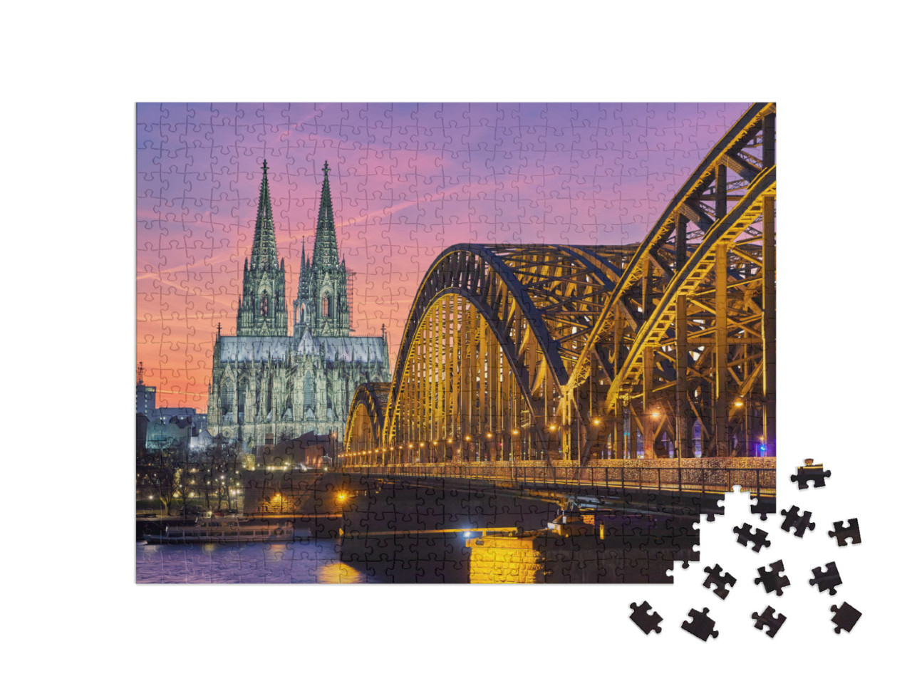 Puzzle 500 Teile „Kölner Dom und Hohenzollernbrücke bei Sonnenuntergang“