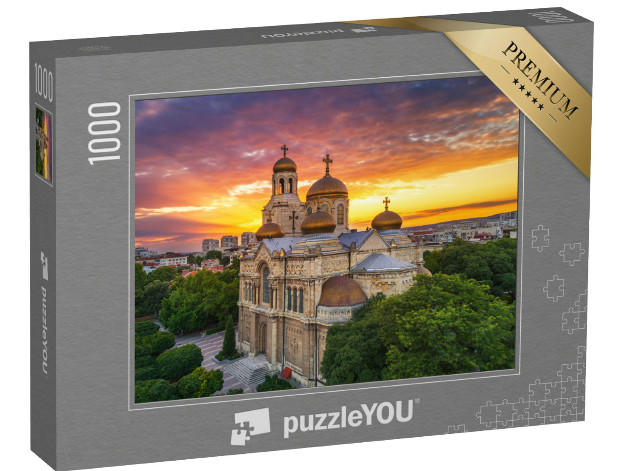 Puzzle 1000 Teile „Sonnenuntergang über der Kathedrale der Mariä Himmelfahrt in Varna“
