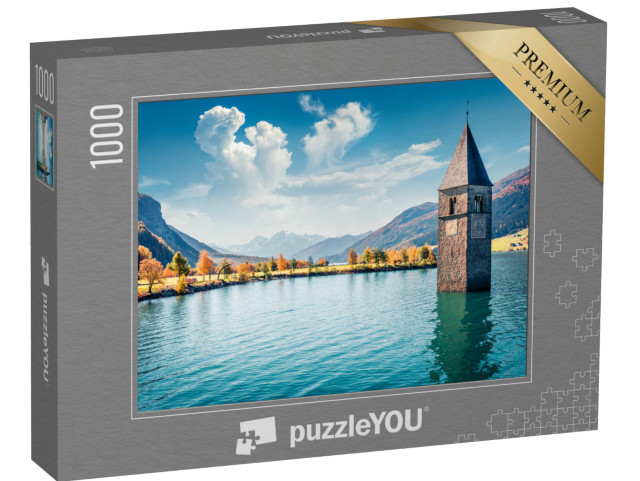 Puzzle 1000 Teile „Malerische Herbstansicht von Turm der versunkenen Kirche in Resia, Südtirol“