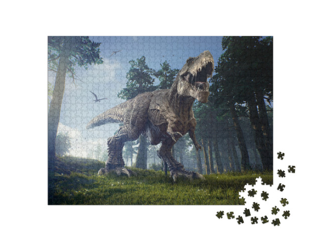 Puzzle 1000 Teile „Jagdgründe eines Tyrannosaurus Rex mit zwei Quetzalcoatlus“