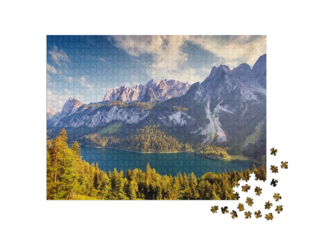 Puzzle 1000 Teile „Fantastischer Blick über den Vorderen Gosausee und Dachstein-Gletscher, Österreich“