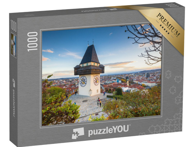 Puzzle 1000 Teile „Klassisches Panorama: Graz mit Uhrenturm bei Sonnenuntergang, Steiermark“