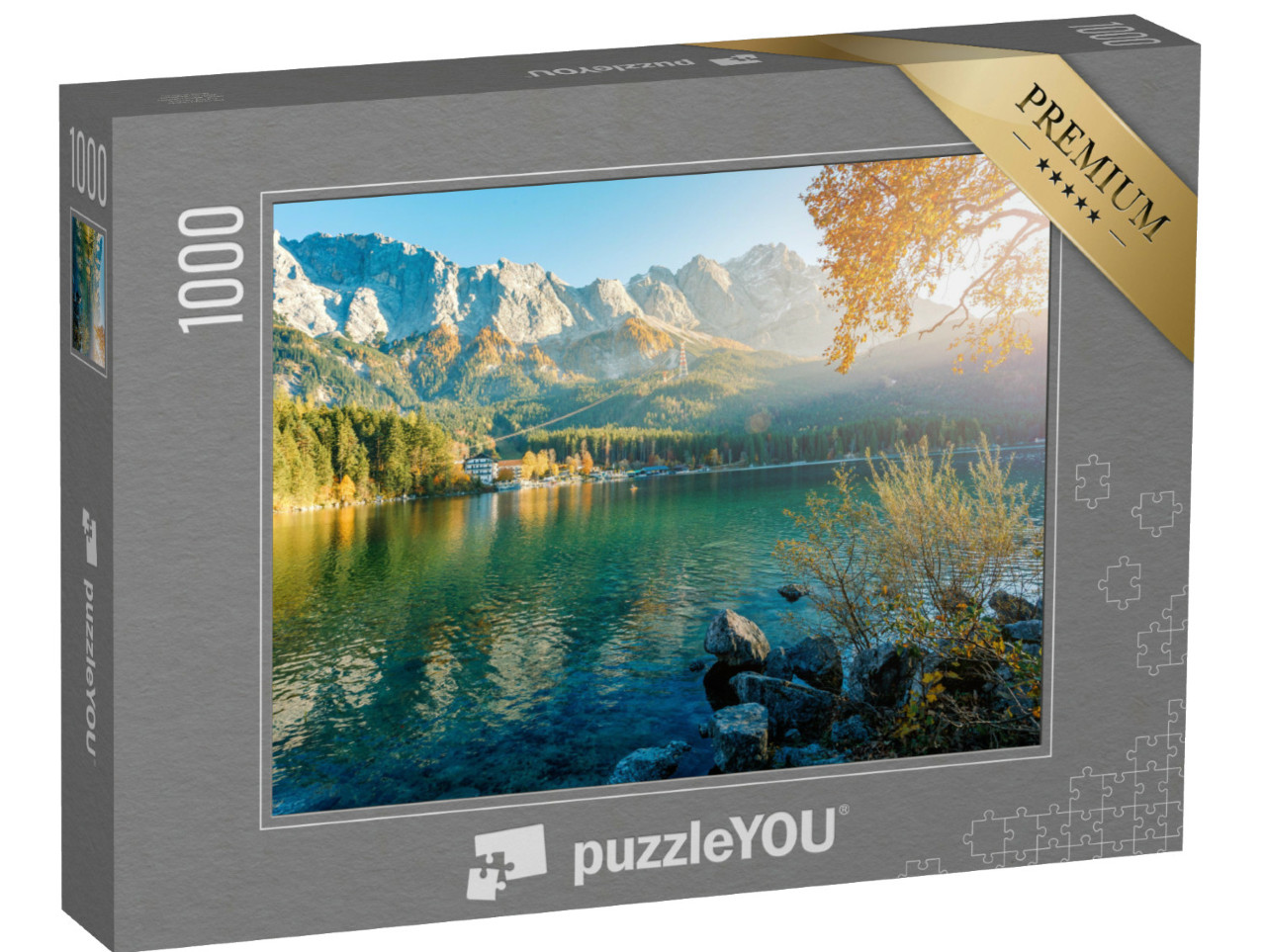 Puzzle 1000 Teile „Alpine Landschaft mit deutschen Alpen und Zugspitze am Eibsee, Bayern“
