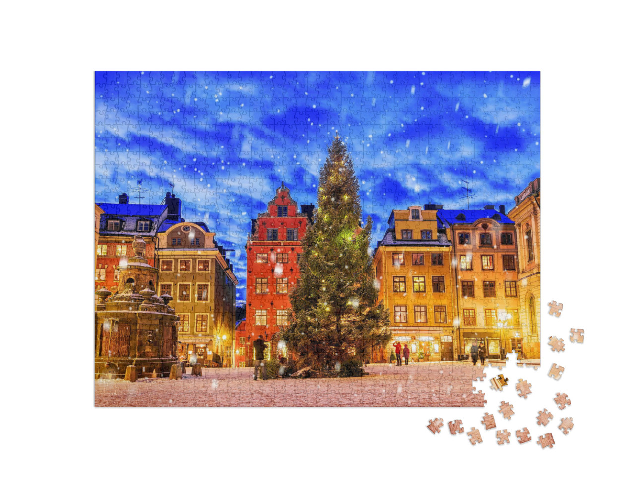 Puzzle 1000 Teile „Stortorget Platz, dekoriert zur Weihnachtszeit, bei Nacht, Stockholm, Schweden“