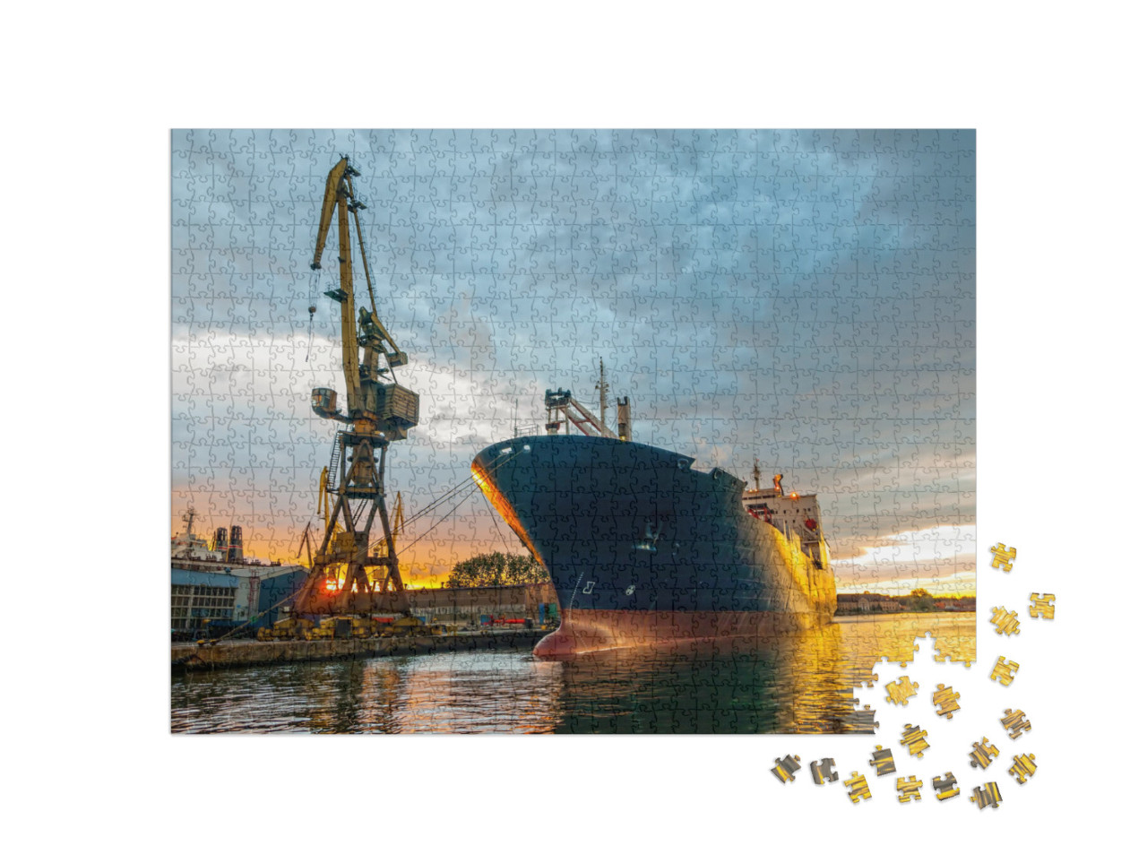 Puzzle 1000 Teile „Frachtschiff im Hafen bei Sonnenuntergang, Danzig, Polen.“