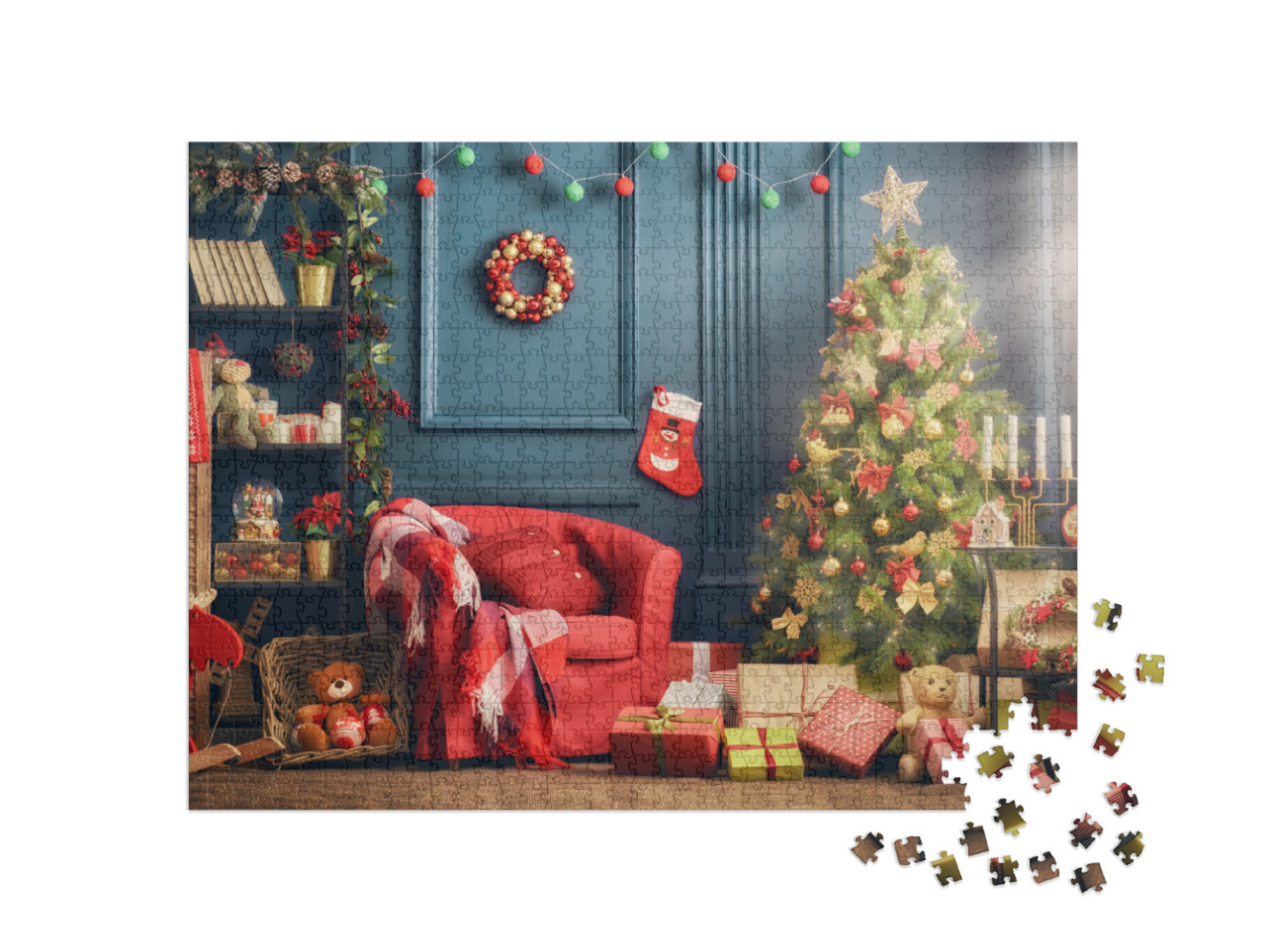 Puzzle 1000 Teile „Frohe Weihnachten: schönes, weihnachtlich geschmücktes Wohnzimmer“