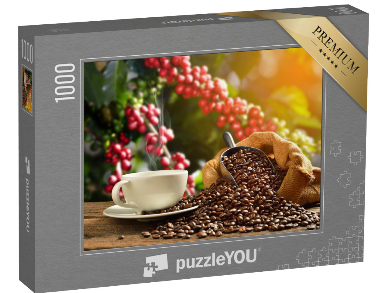 Puzzle 1000 Teile „Dampfende Tasse Kaffee mit Kaffeebohnen “