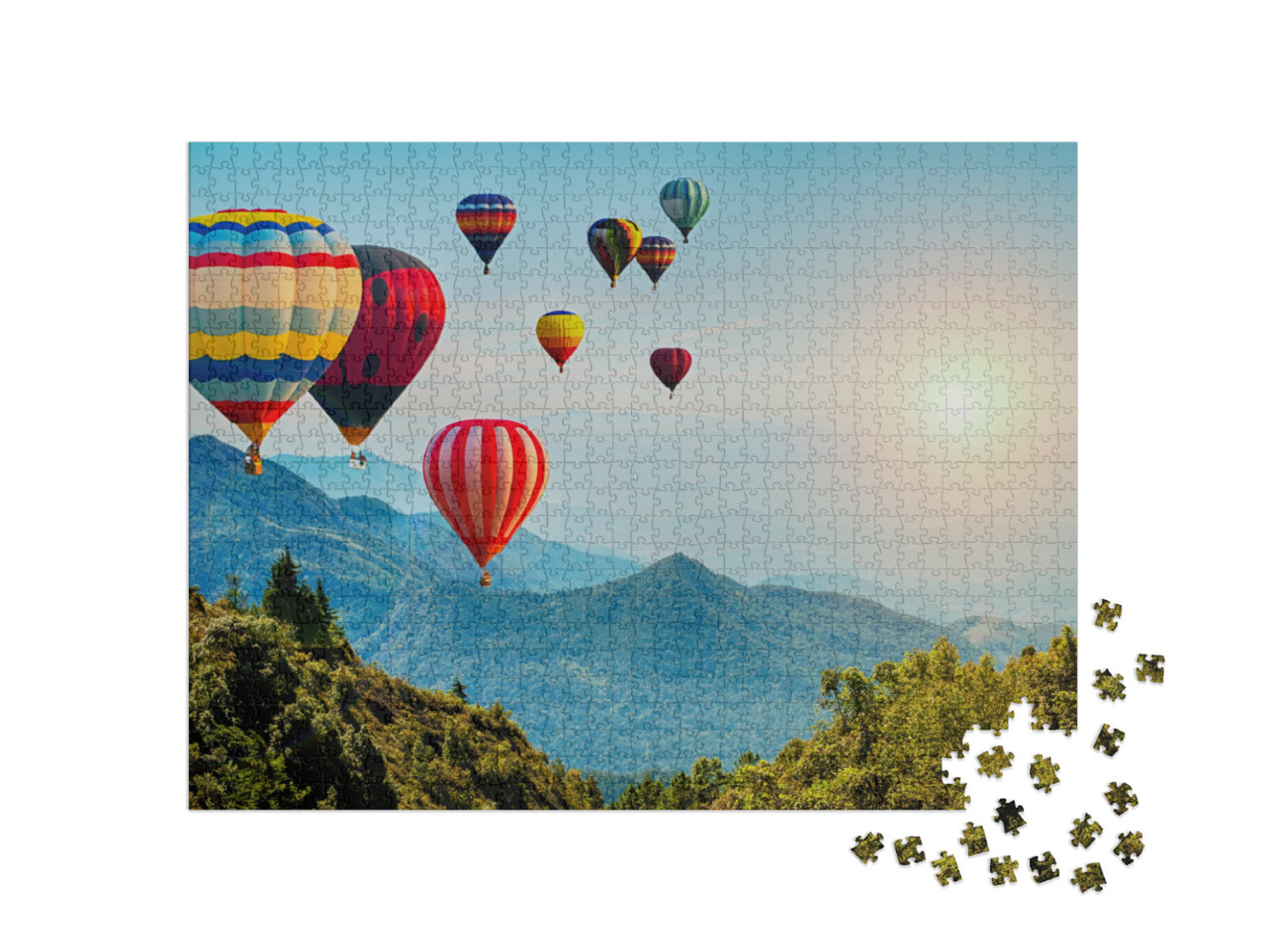 Puzzle 1000 Teile „Aussicht auf die Berge mit Heißluftballons, Thailand“
