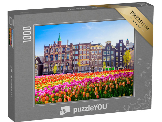 Puzzle 1000 Teile „Traditionelle alte Gebäude und Tulpen in Amsterdam, Niederlande“