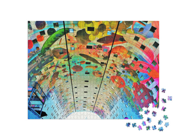Puzzle 1000 Teile „Bunt bemalte Gewölbedecke Markthalle im Zentrum von Rotterdam, Niederlande“