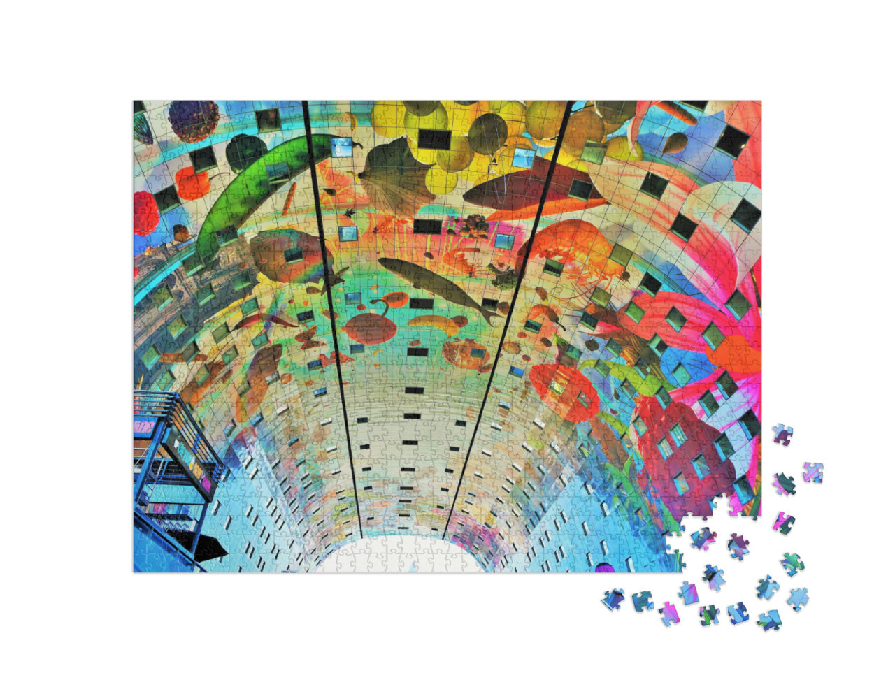 Puzzle 1000 Teile „Bunt bemalte Gewölbedecke Markthalle im Zentrum von Rotterdam, Niederlande“