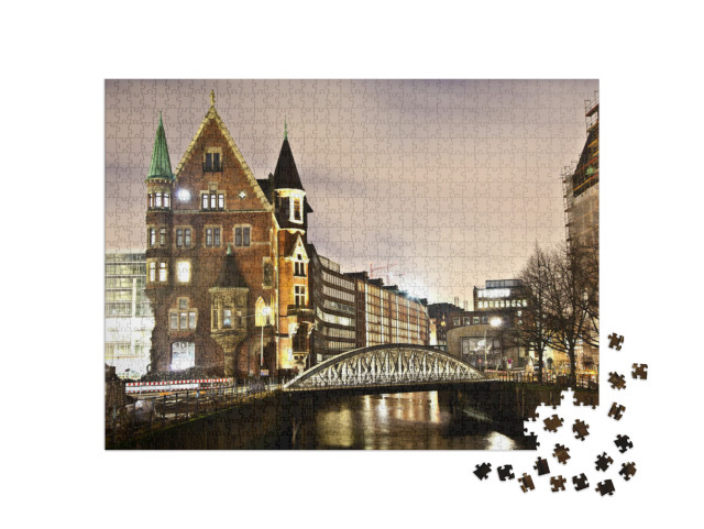 Puzzle 1000 Teile „Historische Speicherstadt bei Nacht, Hamburg“