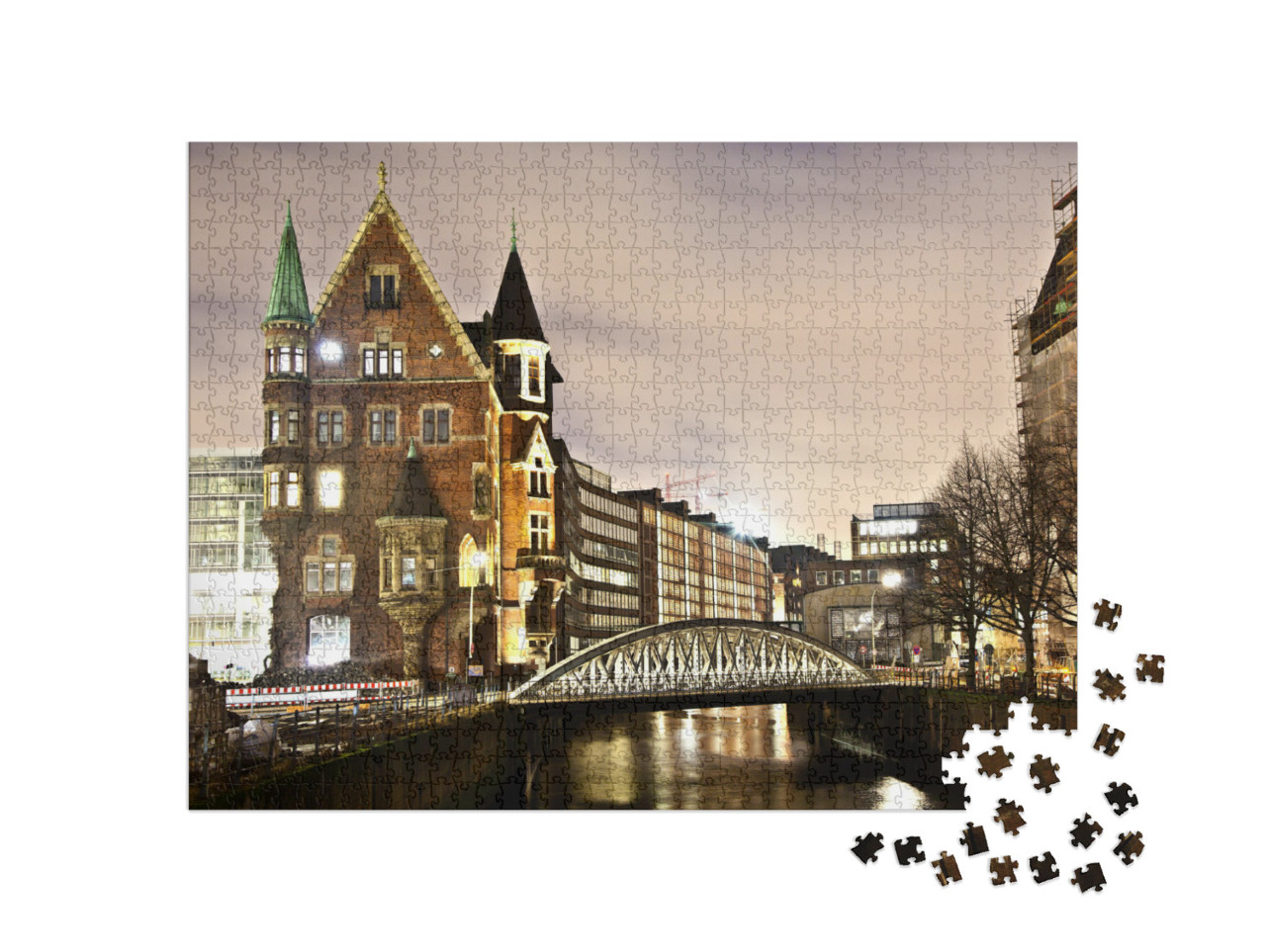 Puzzle 1000 Teile „Historische Speicherstadt bei Nacht, Hamburg“