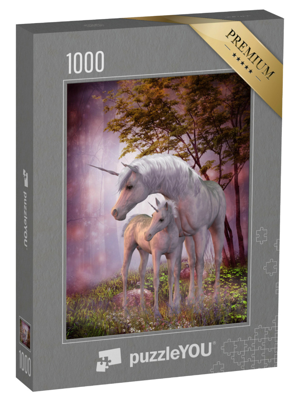 Puzzle 1000 Teile „Einhornstute und Fohlen im magischen Wald“