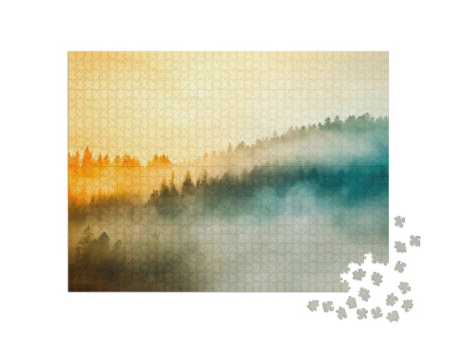 Puzzle 1000 Teile „Wunderschöner Sonnenaufgang über Wald im Frühnebel“